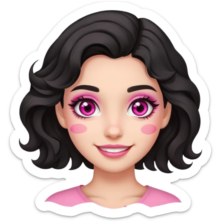 smiling girl with black wavy hair swept to the left, pink eye makeup smudged, no pink on cheeks sticker