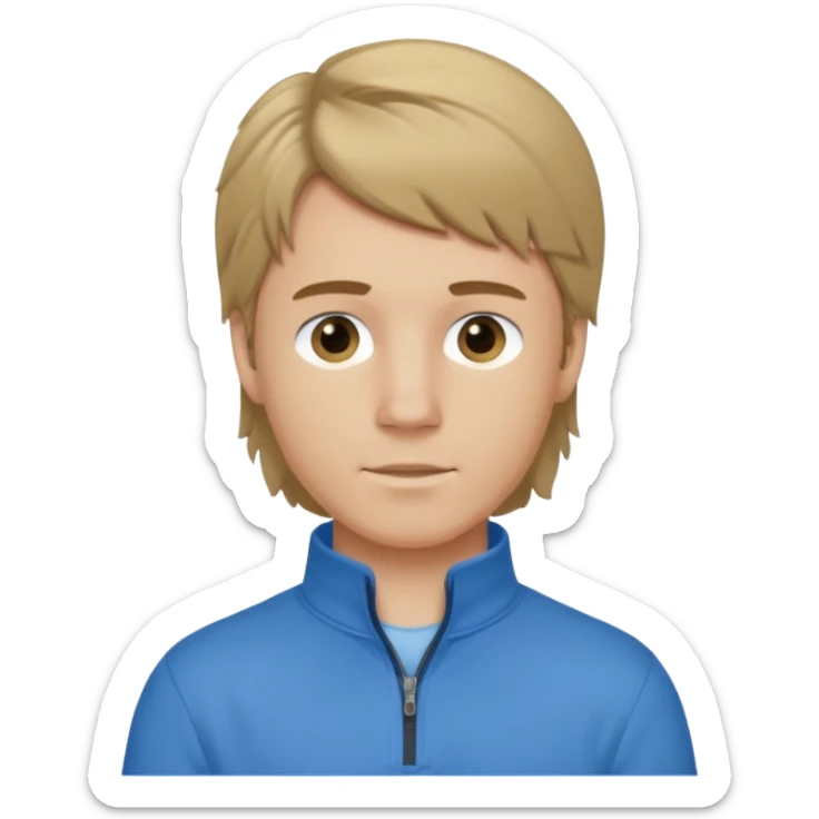 boy with dark blonde hair in a mullet with a neat blue shirt and quarter zip sticker