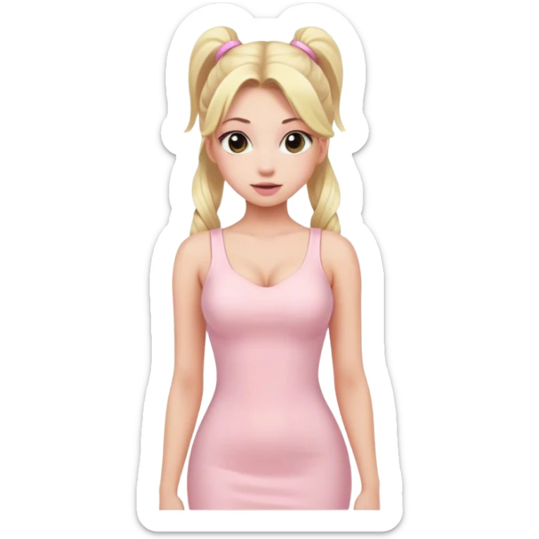 Beautiful woman with long blonde ponytails wearing light pink bodycon dress sticker