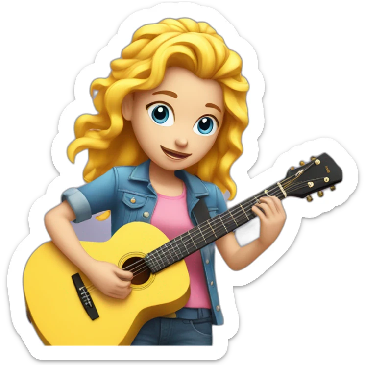 girl with blue eyes and long pink hair with a yellow and blue hairclip playing the guitar sticker