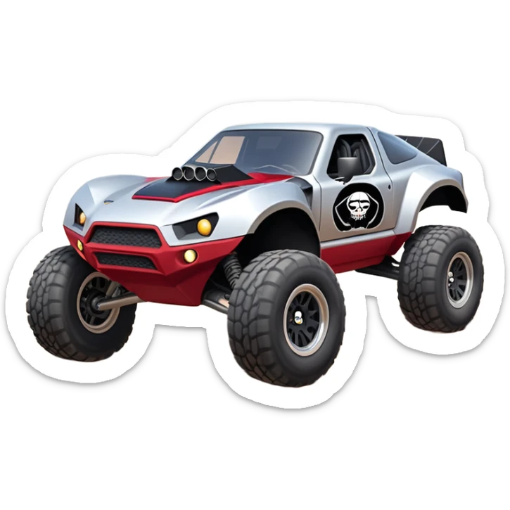 Satan’s and Vader (post race) Cabernet Dirty and dented Local Motors Rally Fighter off road race car hot rod trophy truck-style flying on a dusty road (silver wheels) sticker