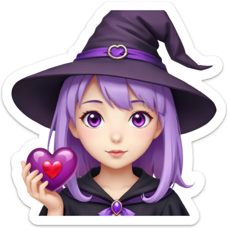 anime girl with lilac hair in a witch hat holding a purple heart sticker