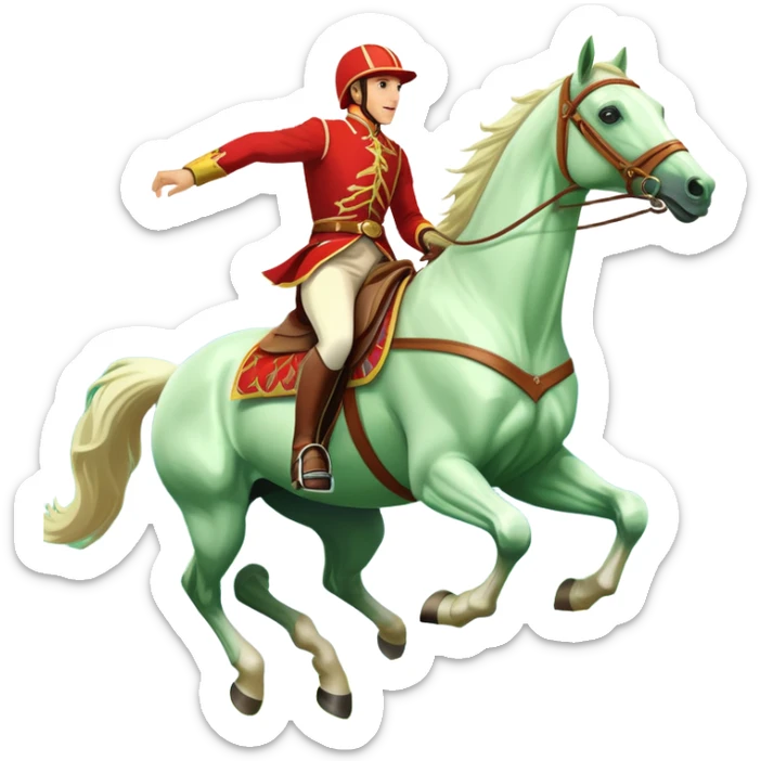 An icon showcasing a majestic horse and rider in full gallop across a lush green field. The background features a clear sky, distant mountains, and a vibrant landscape. The rider wears traditional gear, while the horse leaps with grace and power. Transparent background sticker