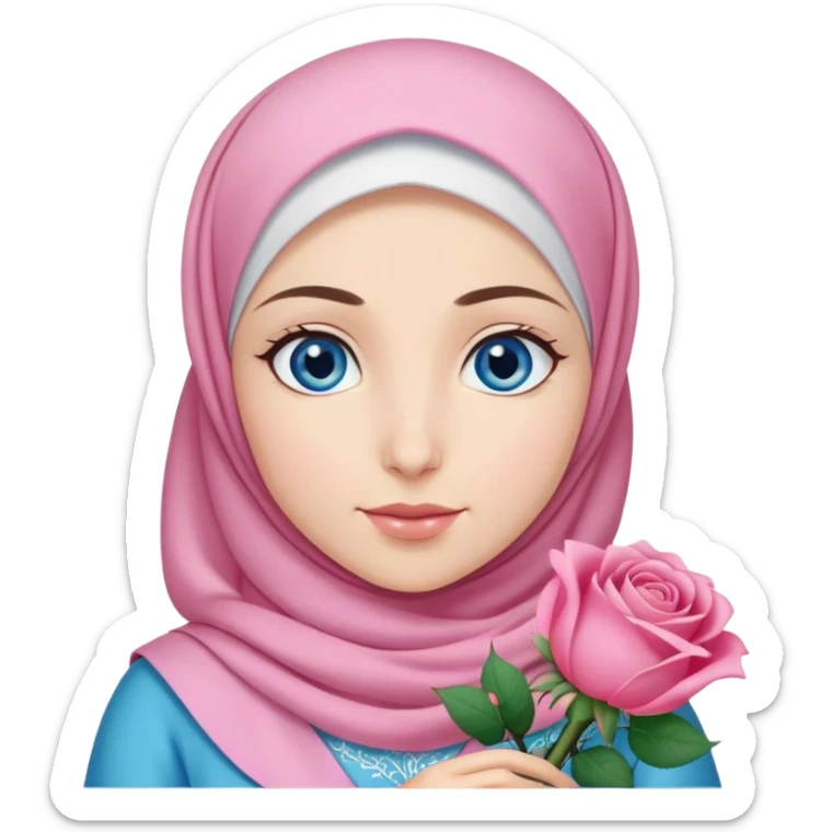 Turkish beautiful finish Konya girl blue eyes with pink hijab islamic dress and had on her hand rose bouquet sticker