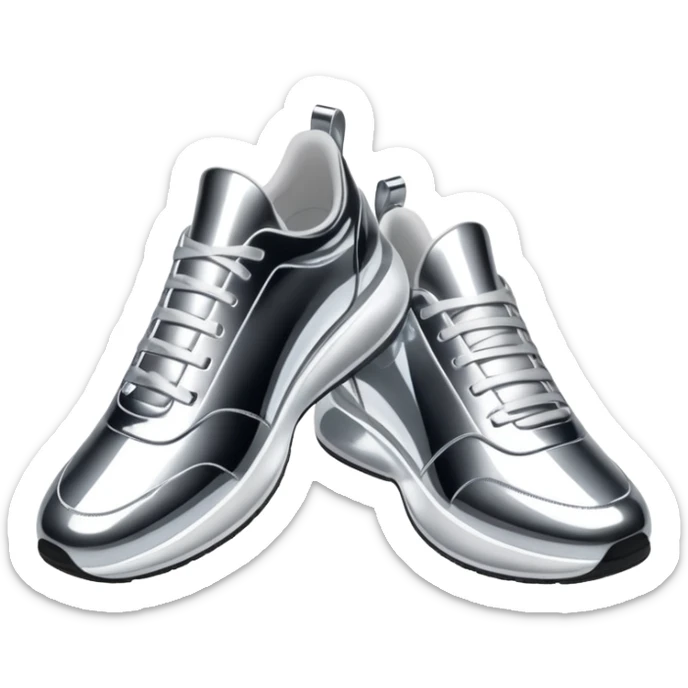 A pair of futuristic sneakers emoji made of silver chrome, sleek streetwear design, smooth metallic panels, subtle reflections, luxury swag aesthetic, iOS emoji style, centered, clean white background sticker