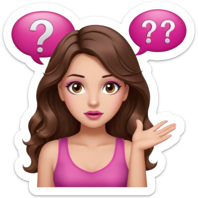 girl with long wavy brown hair, brown eyes, long lashes makeup, sexy pink lips, light to medium complexion, wearing a pink sexy top, shugging, question mark one speech bubble sticker