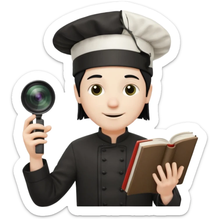 ["A happy man with pale skin, straight hair, wearing a chef hat and no glasses, dressed in goth fashion, is reading a book while holding a camera."] sticker