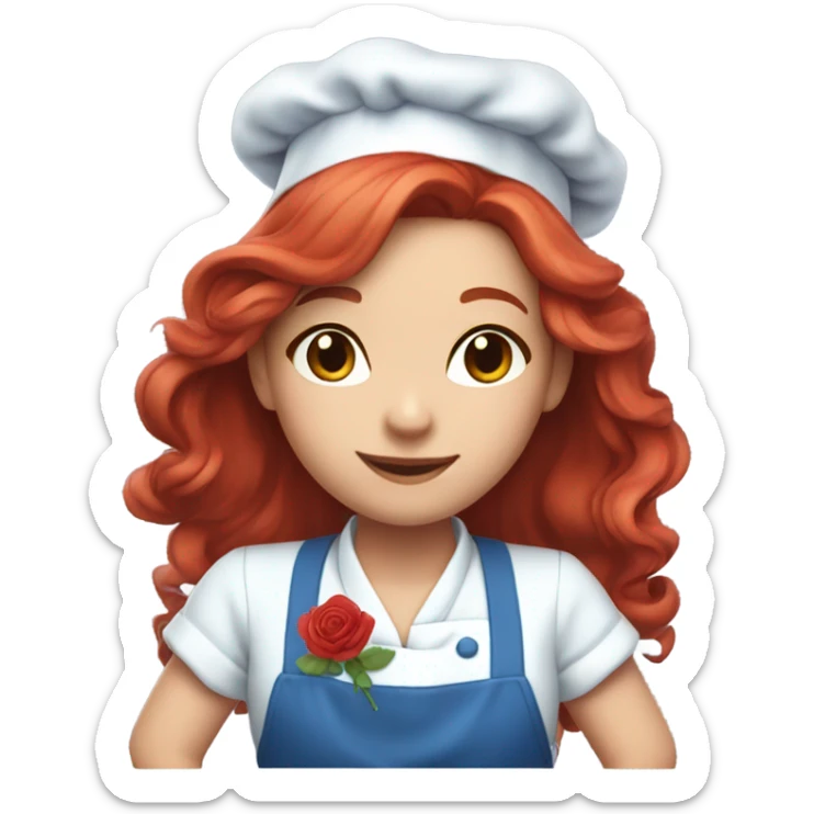 Cute long red hair girl chef.. with blue clothes on.. roses on her clothes.. attractive  sticker