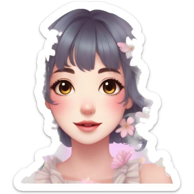 Gorgeous Pastel Anime-Style Lady With Butterflies on face and flower petals around cottage core pastelcore kawaii aesthetic trending style sticker