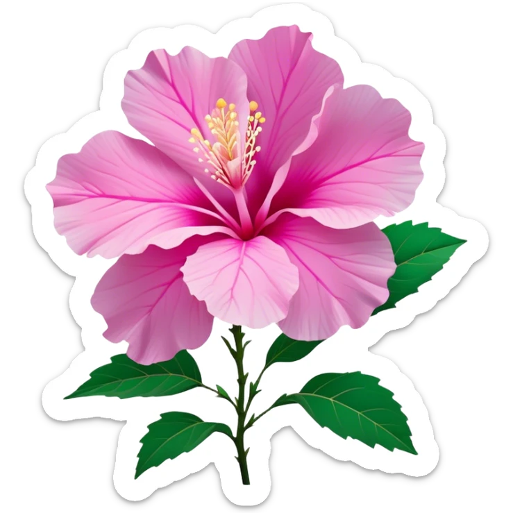 Cinematic Realistic image of a Mugunghwa flower (Rose of Sharon), rendered with delicate petal textures and vibrant pink hues, set against a minimalist background with gentle, diffused lighting that highlights its national significance sticker