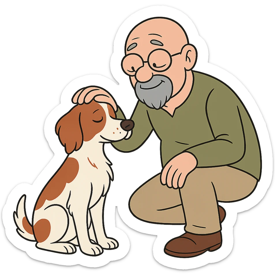 cartoon style bald old man with round glasses and grey goatee petting a Brittany Spaniel, gentle and affectionate sticker