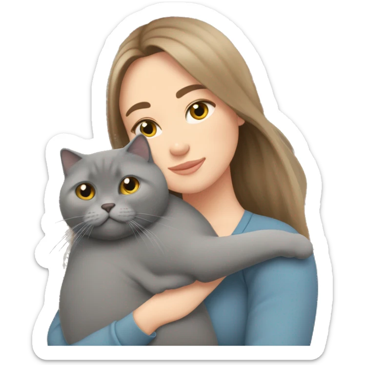 fat British shorthair grey cat hugging long brown hair white woman sticker