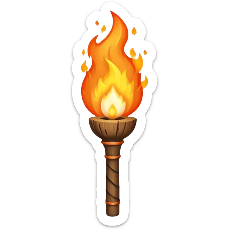 Indiana Jones-style flaming torch: worn wooden stick, bright orange flame, dark and realistic atmosphere. sticker