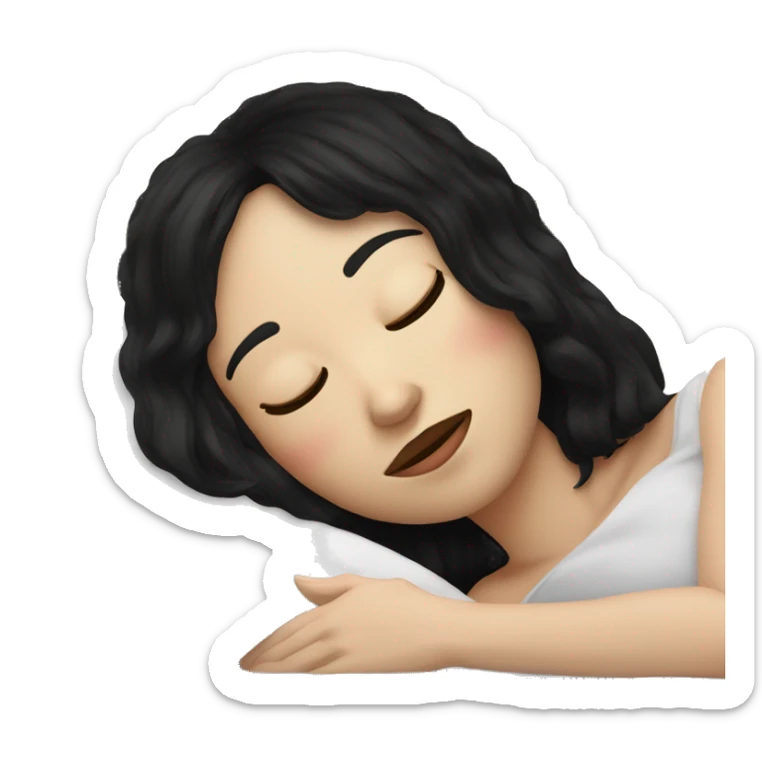 Woman pale skin black hair with bangs sleeping in bed with pillow, white woman sticker
