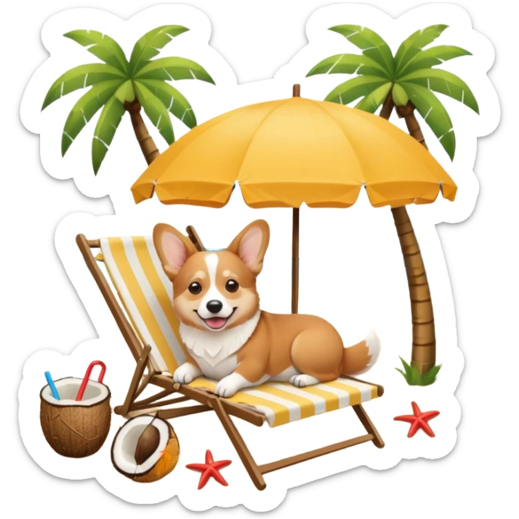 a corgi dog laied on a beach chair, a sunny beach, a sun umbrella, and beach coconut trees. the icon should capture the essence of a relaxing beach vacation with a carefree atmosphere sticker