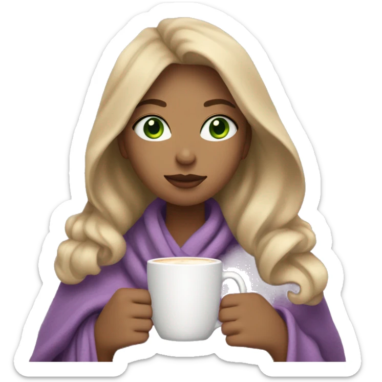 A girl that dark honey blonde hair, green eyes, and is wearing a lilac shirt while wrapped in a cozy blanket sipping a latte sticker