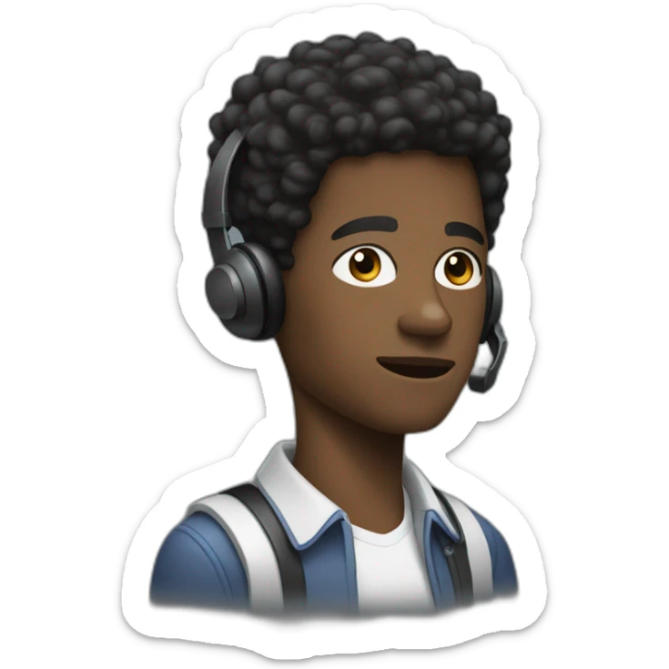 young black man with sideburns, a fade, and a short afro wearing a telephone headset sticker
