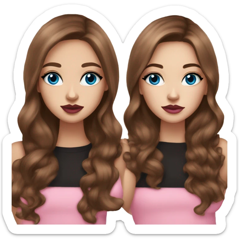 pretty girl long brown hair, blue eyes, makeup with black kitten and pink lips sticker