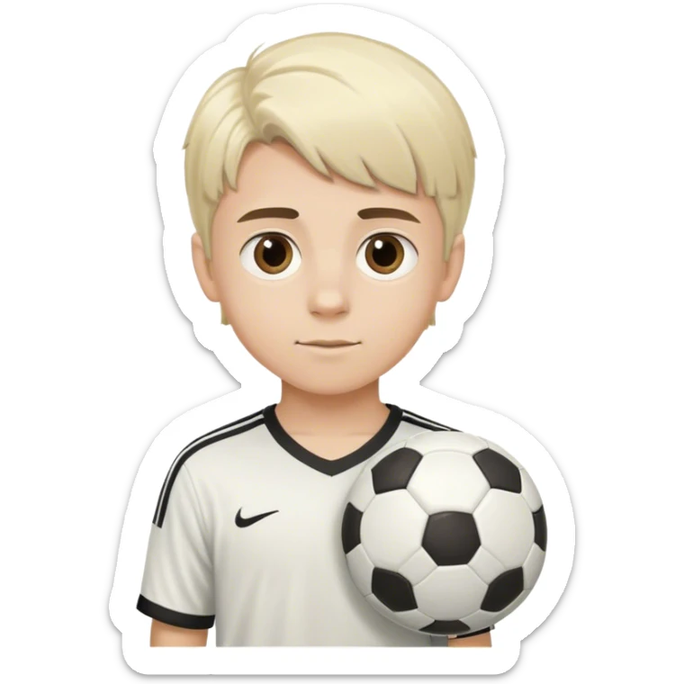 white blonde haired boy with brown eyes and dark eyebags with a soccer ball sticker