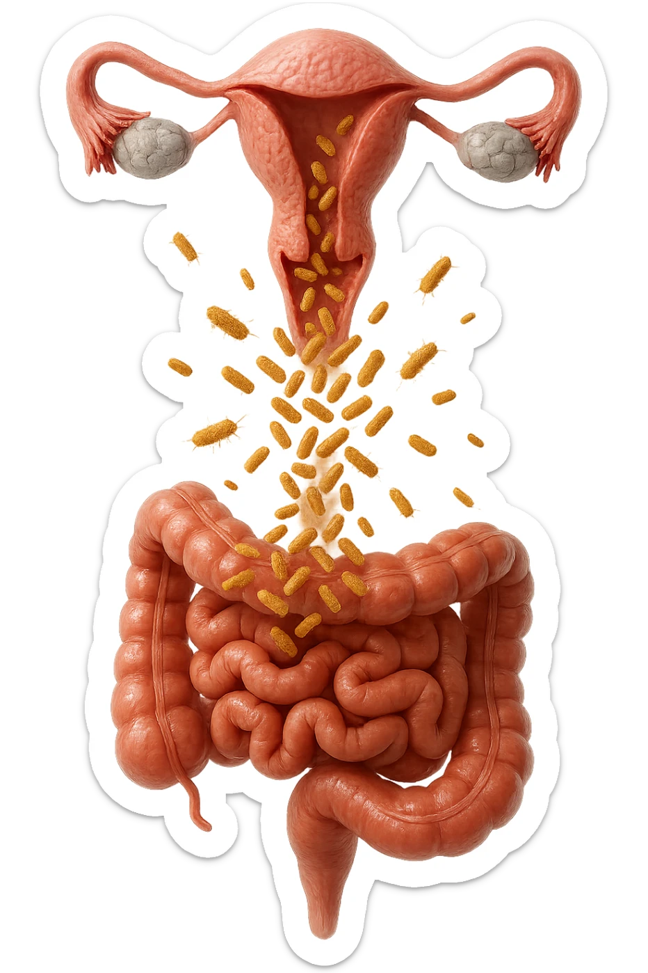 UTERO UMANO E INTESTINO ANATOMICI REALISTICI SONO UNO SOPRA ALL'ALTRO E SI PASSANO I BATTERI A VICENDA, CON BATTERI CHE ESCONO DALL'INTERNO, IPERREALISTICO 4K, NON DISEGNATO sticker