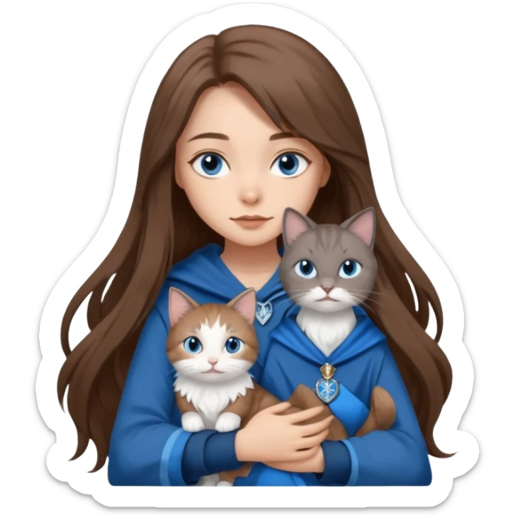 gorgeous Girl with light skin, blue eyes, long brown hair, wears a ravenclaw outfit, with a grey and white cat holding in her arms sticker