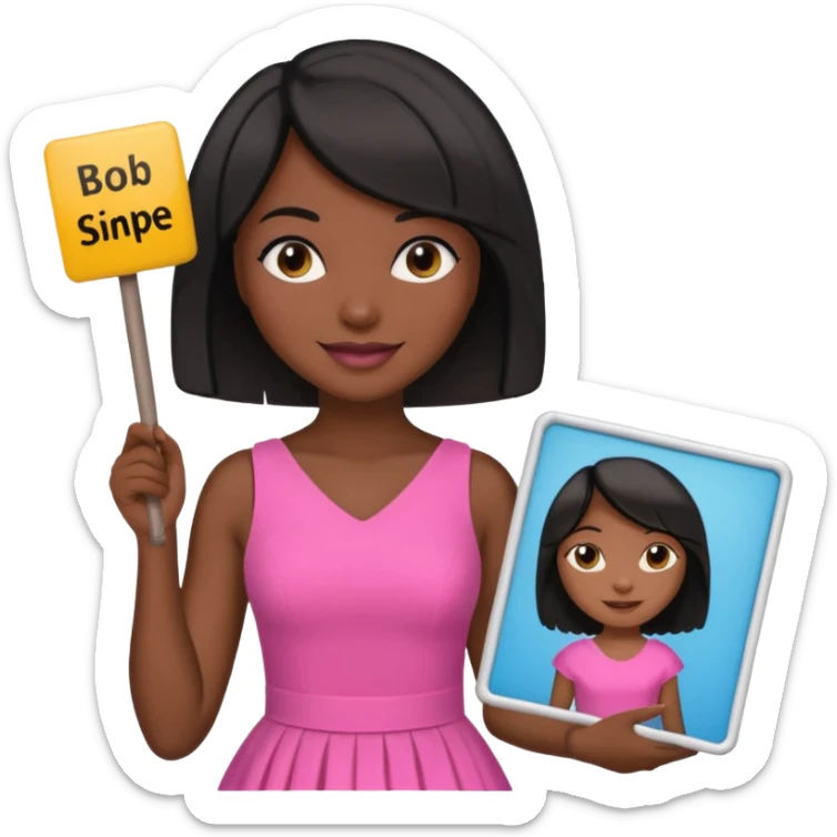 Dark skin woman with black bob in hair holding sign that says snipe  wearing pink dress  sticker