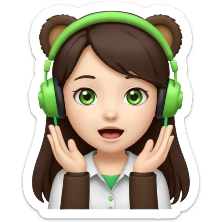 Animated emoji, Chibi girl, long dark brown hair, green eyes, wearing a white shirt and small brown bear ears on a black headset, with wide happy surprised eyes and mouth and clapping excitedly sticker