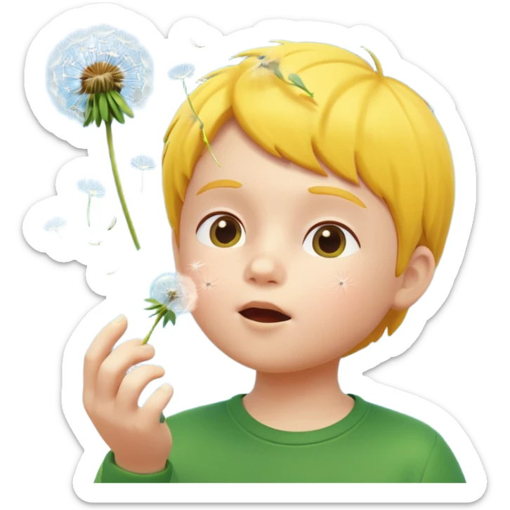 A 3D cartoon child blowing on a dandelion, seeds flying in the air, sunny garden background, realistic Memoji-style. sticker