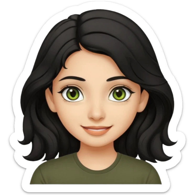 a pretty FAIR indian bratz girl with wavy black hair, wearing a black tshirt. eyeliner on, olive green eyes.  sticker