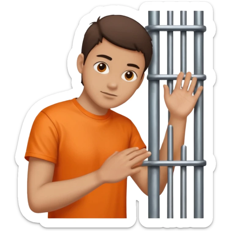 prisoner with orange shirt, many metal bars in front of him and he touches the bars sticker