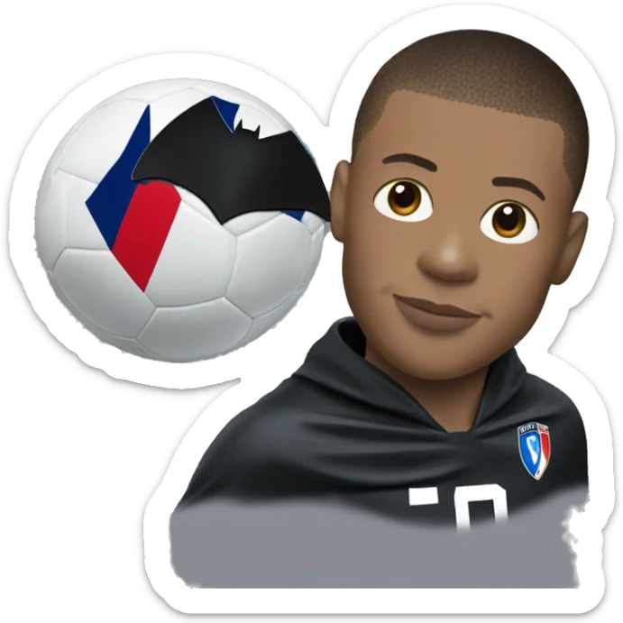Kylian Mbappe with french soccer jersey ans the mask of Batman on the top of his head sticker