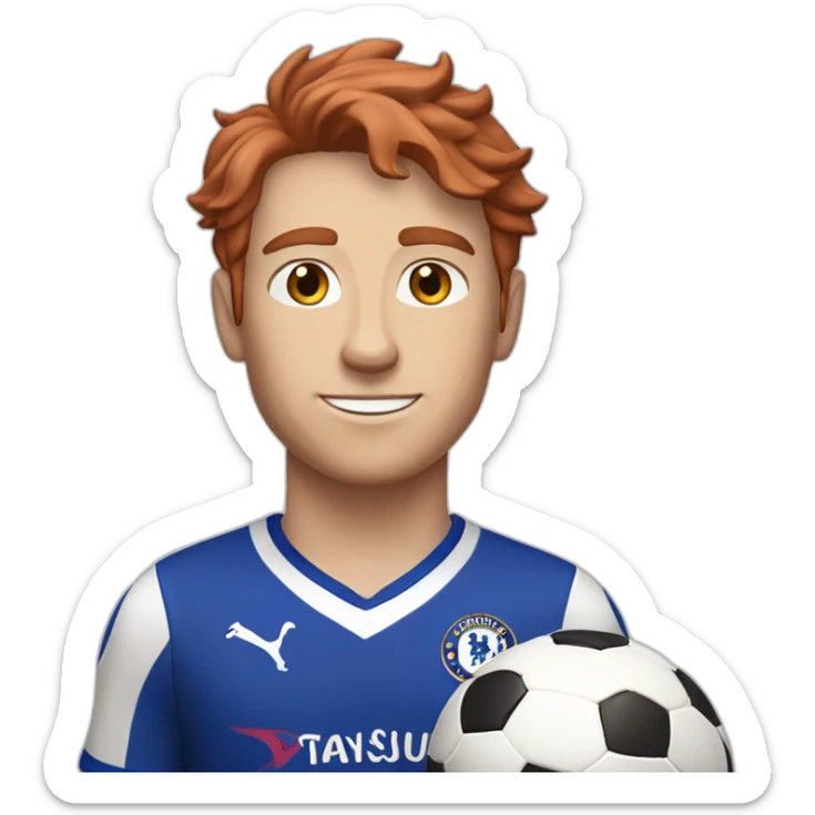 skinny white young man with short and wavy red hair holding a soccer ball and wearing a chelsea FC jersey sticker