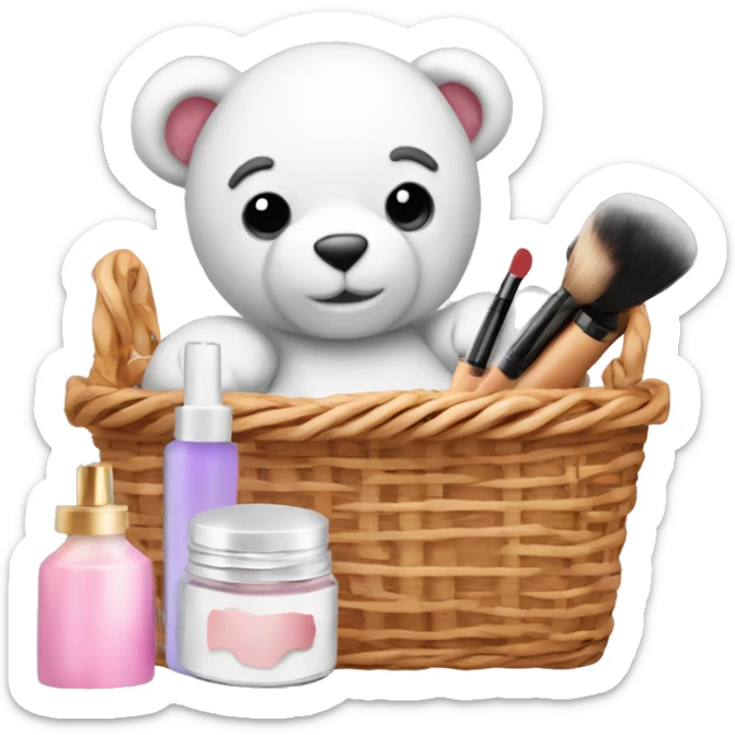basket whit makeup, skincare, a teddy bear and a candle sticker