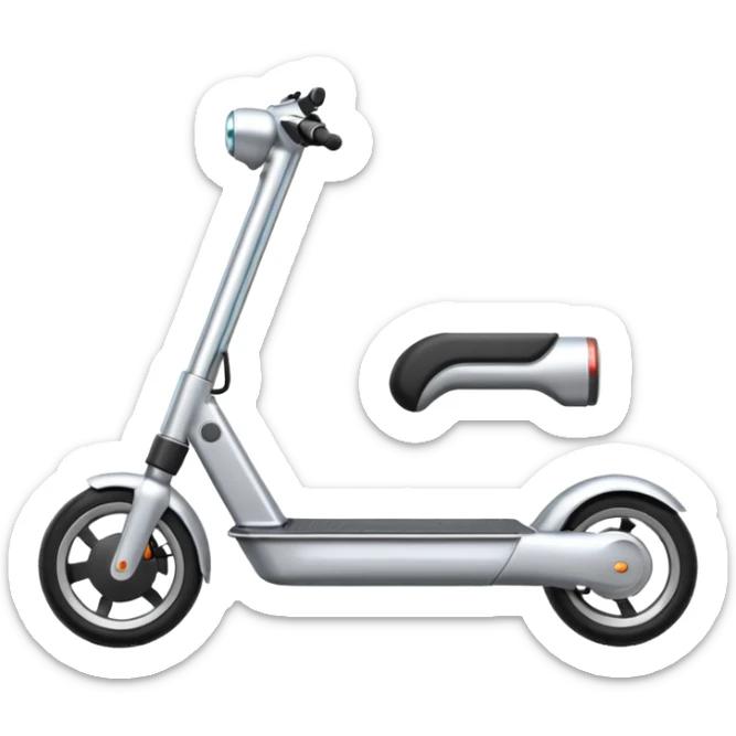 A futuristic electric scooter emoji made of silver chrome, sleek minimal frame, smooth metallic surface, subtle reflections, modern urban design, iOS emoji style, centered, clean white background sticker