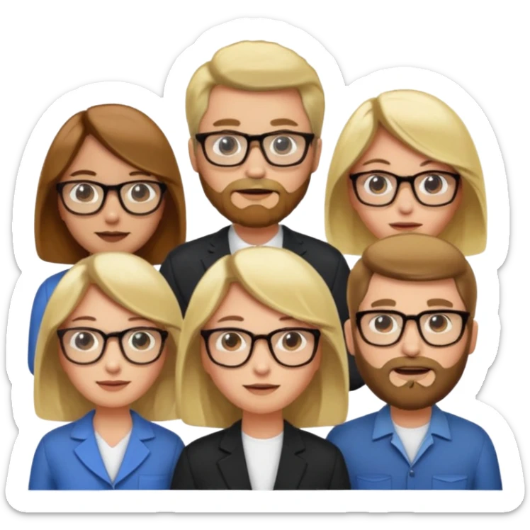 A man with hair and glasses and  a woman with long brown hair and a man with a beard and a woman with a blonde bob sticker