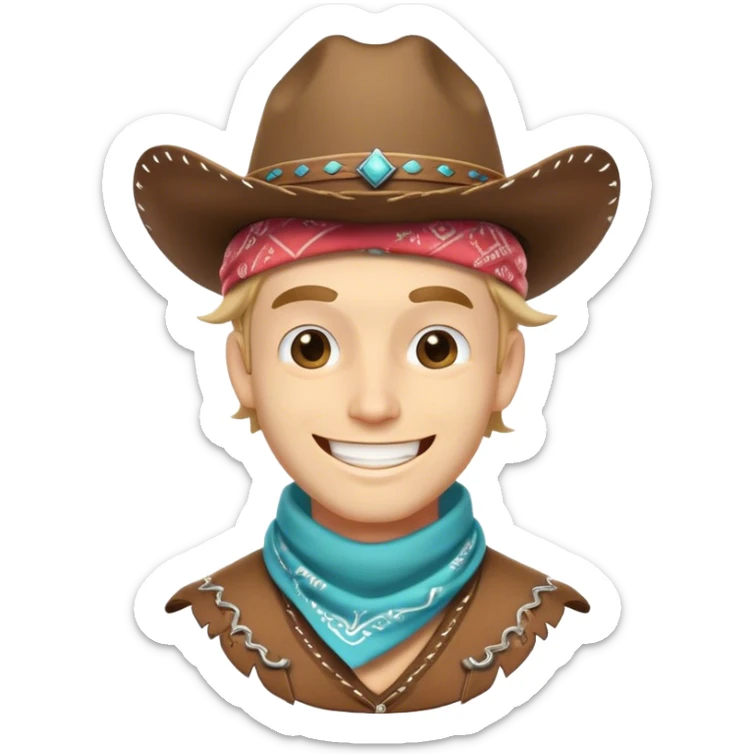 Clash of Clans aesthetic Playful Cowboy Portrait Emoji, Head tilted with a roguish, cheeky grin and twinkling eyes, featuring a compact, charming build with a jaunty hat and a friendly bandana, his natural skin tone adding authenticity, Simplified yet irresistibly charming features, highly detailed, glowing with a warm, inviting western glow, high shine, spirited and lively, stylized with an air of whimsical frontier mischief, soft glowing outline, capturing the essence of a playful cowboy exuding friendly rogue charm! sticker