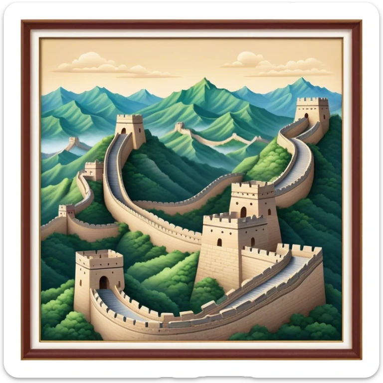 Cinematic Realistic Great Wall of China Landmark Emoji, depicted as ancient fortifications winding across majestic mountains, rendered with intricate detail and dramatic lighting. sticker