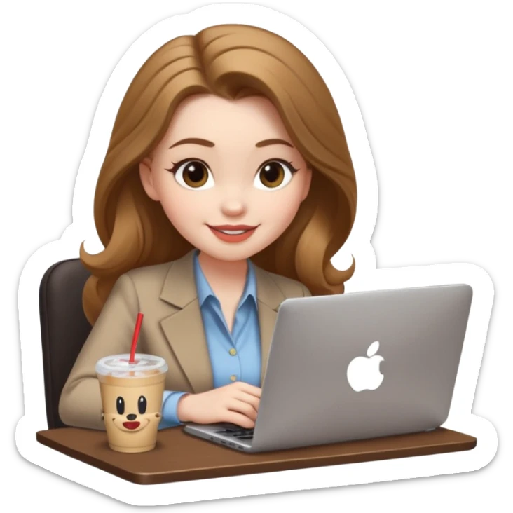 Women in front of one laptop that has a Mickey sticker on it, with a happy face, face a little fuller, lips plump, full eyebrows, long light brown hair, light brown big eyes, light pale skin with a iced coffee on the side, business attire, typing sticker