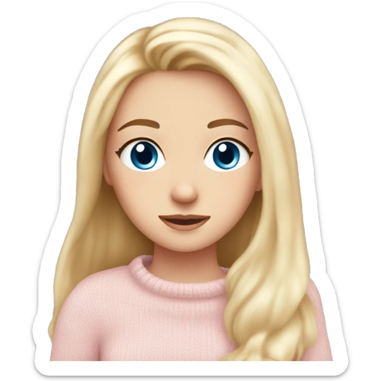 Pretty blue eyed white girl with light pink sweater reading cozy sticker