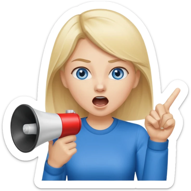blue eyes blonde girl yelling into megaphone and holding up 1 finger in the other hand siling sticker