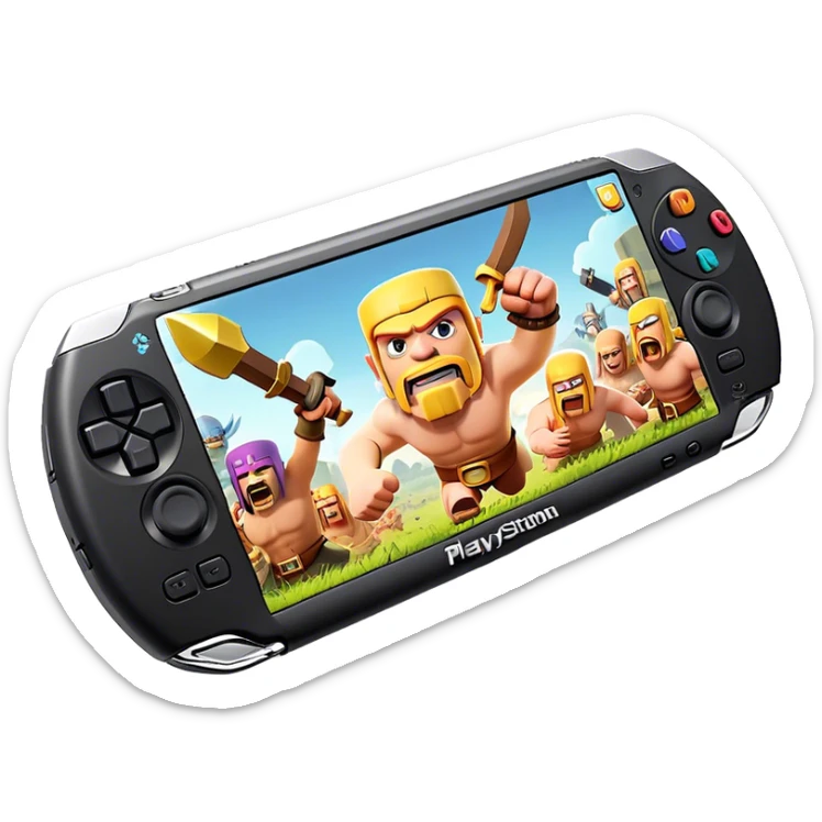 Clash of Clans aesthetic: Cinematic Playful PlayStation Portable (PSP) Portrait Emoji, rendered in a 3D vector-style similar to standard emojis with minimal shading and bold, simplified shapes. A compact, distinct form with signature details, softly glowing with a cutting-edge console technology charm. Simplified yet unmistakably iconic, highly detailed and consistent, glowing with a soft radiance and high shine. Stylized with a touch of technological advancement and a soft glowing outline, capturing the essence of a beloved gaming relic with a friendly, playful manner! sticker