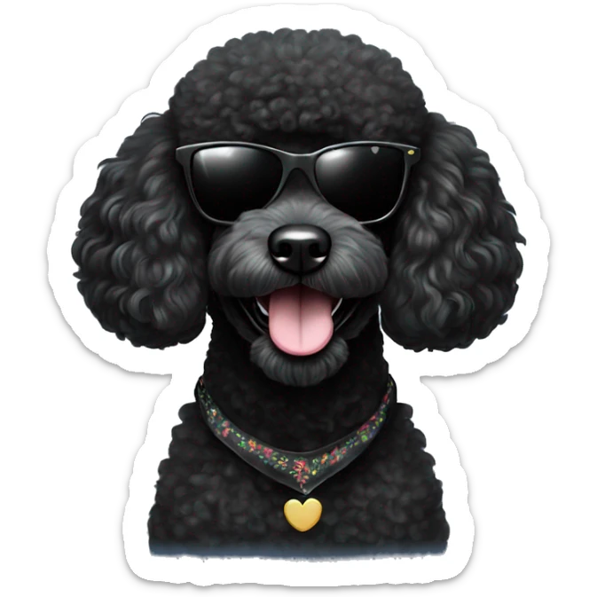 BLACK poodle wearing sunglasses with a big smile. Also with a bandanna around its neck. Dog needs to be all black sticker