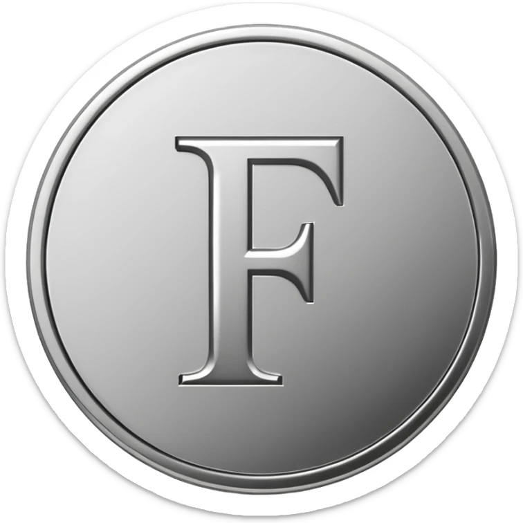 Emoji icon of a metal coin with engraved letter F, minimalist style, isolated, only black color sticker