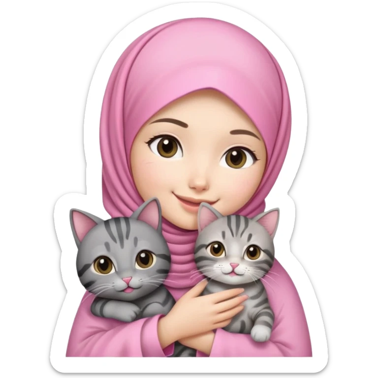 Asian white girl wearing pretty pink hijab holding a black grey tabby cat with smiling sticker