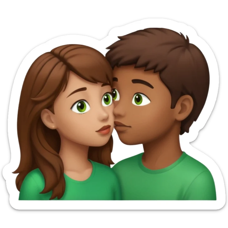 brown boy and girl with brown hair light skin and green eyes kissing sticker