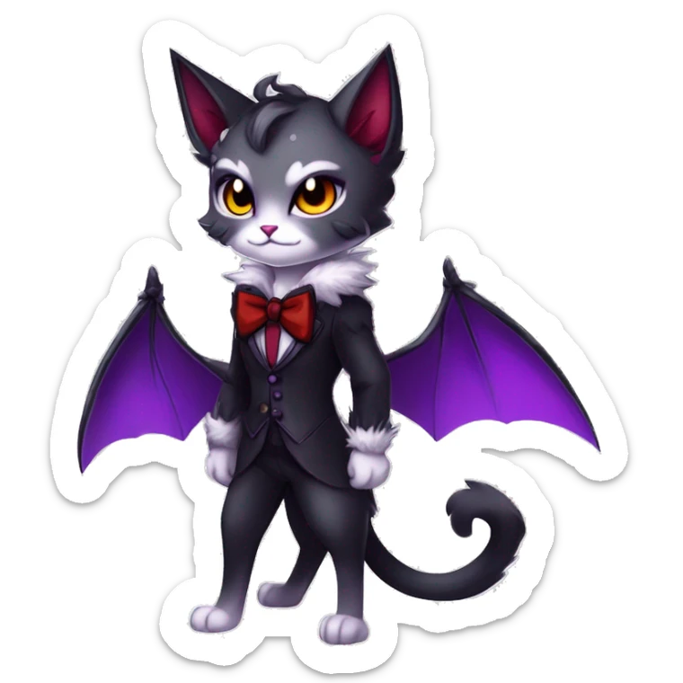 Anthro-Cute-Edgy-Vampiric-Batty-Cat-Black-Purple-Red-Grey-White-Yellow-Contrast-Colors-Fantasy-Fur-Sona-Chibi-Shiny-Fakémon-Hybrid with horns and big fangs collar bow ties leg spats full body sticker