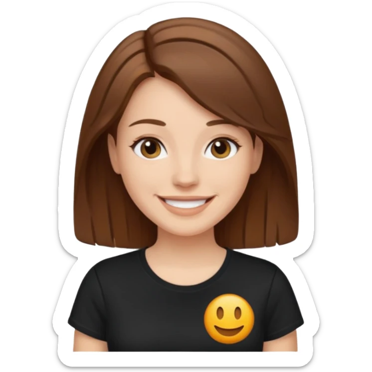 white woman emoji. Black t-shirt. Short and bround hair. smiling. transparent background. reference attached. sticker