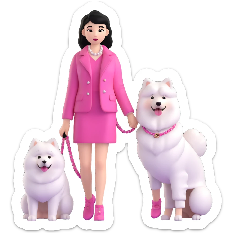 black-haired girl in pink Chanel style outfit with white Samoyed dog sticker
