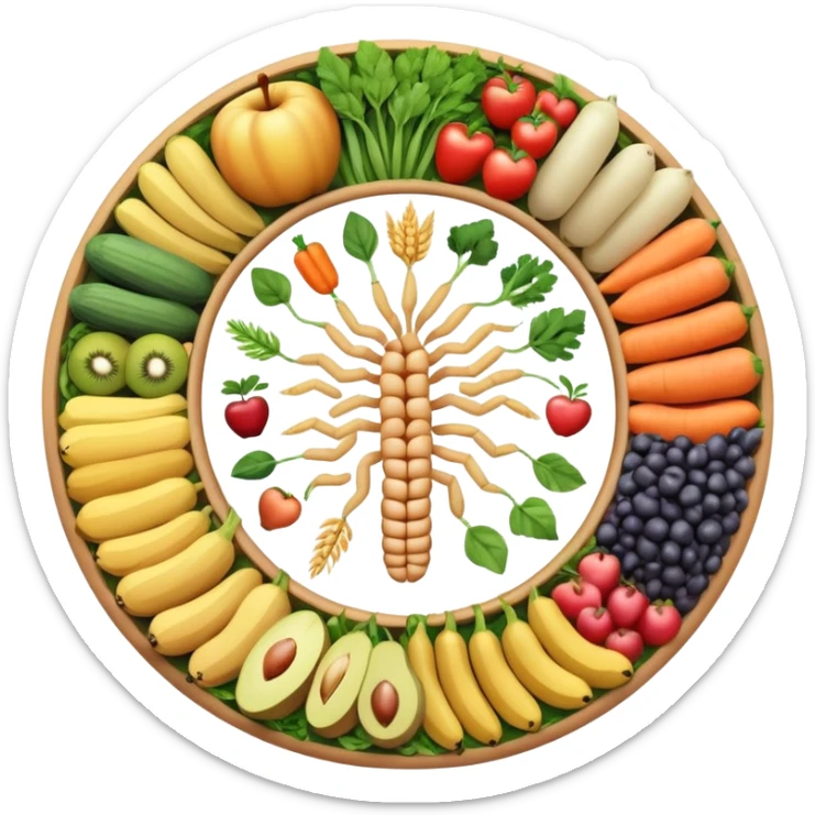 Dietary fiber concept with whole grains, fruits, vegetables and legumes arranged in a circular pattern, with a stylized intestine in the center showing fiber passing through, surrounded by small arrows indicating movement and digestion sticker