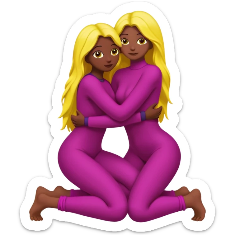 One figure is dark magenta and is kneeling.
	•	The other figure is yellow with long hair and is being held, with their arms around the magenta figure’s neck.
	•	The yellow figure’s legs wrap around the magenta figure’s waist, suggesting a close, intimate embrace. sticker